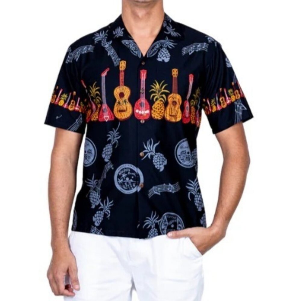 Vintage Winnie Fashion Hawaiian‎ Shirt Black Pineapple Ukulele Music Mens  XL